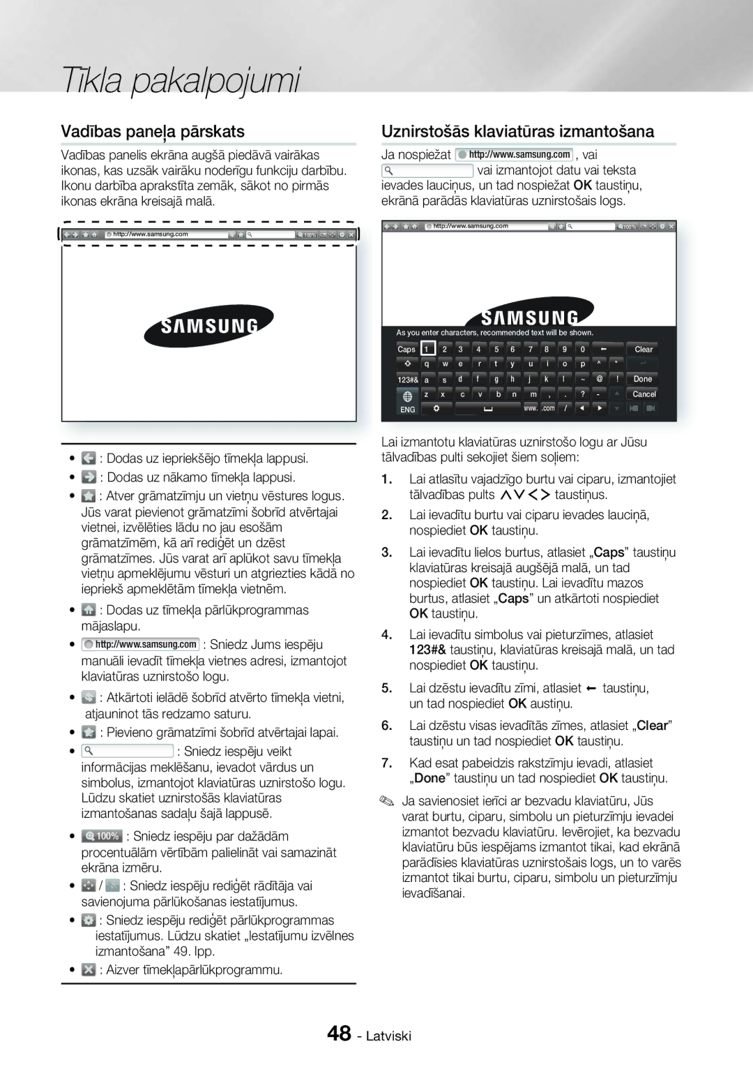 Samsung HT-H7750WM/EN manual Vadības paneļa pārskats, Uznirstošās klaviatūras izmantošana, Aizver tīmekļapārlūkprogrammu 