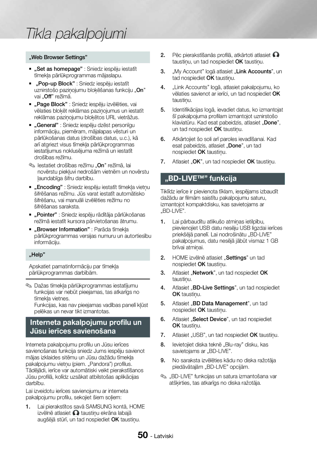 Samsung HT-H7750WM/EN „BD-LIVE funkcija, Interneta pakalpojumu profilu un Jūsu ierīces savienošana, „Web Browser Settings 