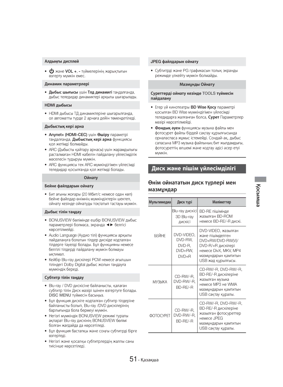 Samsung HT-H7750WM/RU manual Диск және пішім үйлесімділігі, Өнім ойнататын диск түрлері мен мазмұндар, Қосымша, 51 Қазақша 