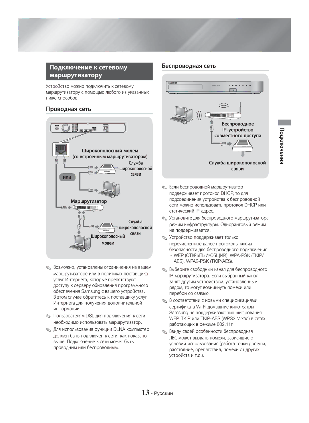 Samsung HT-H7750WM/RU manual Подключение к сетевому, Маршрутизатору, Проводная сеть, Широкополосный модем 