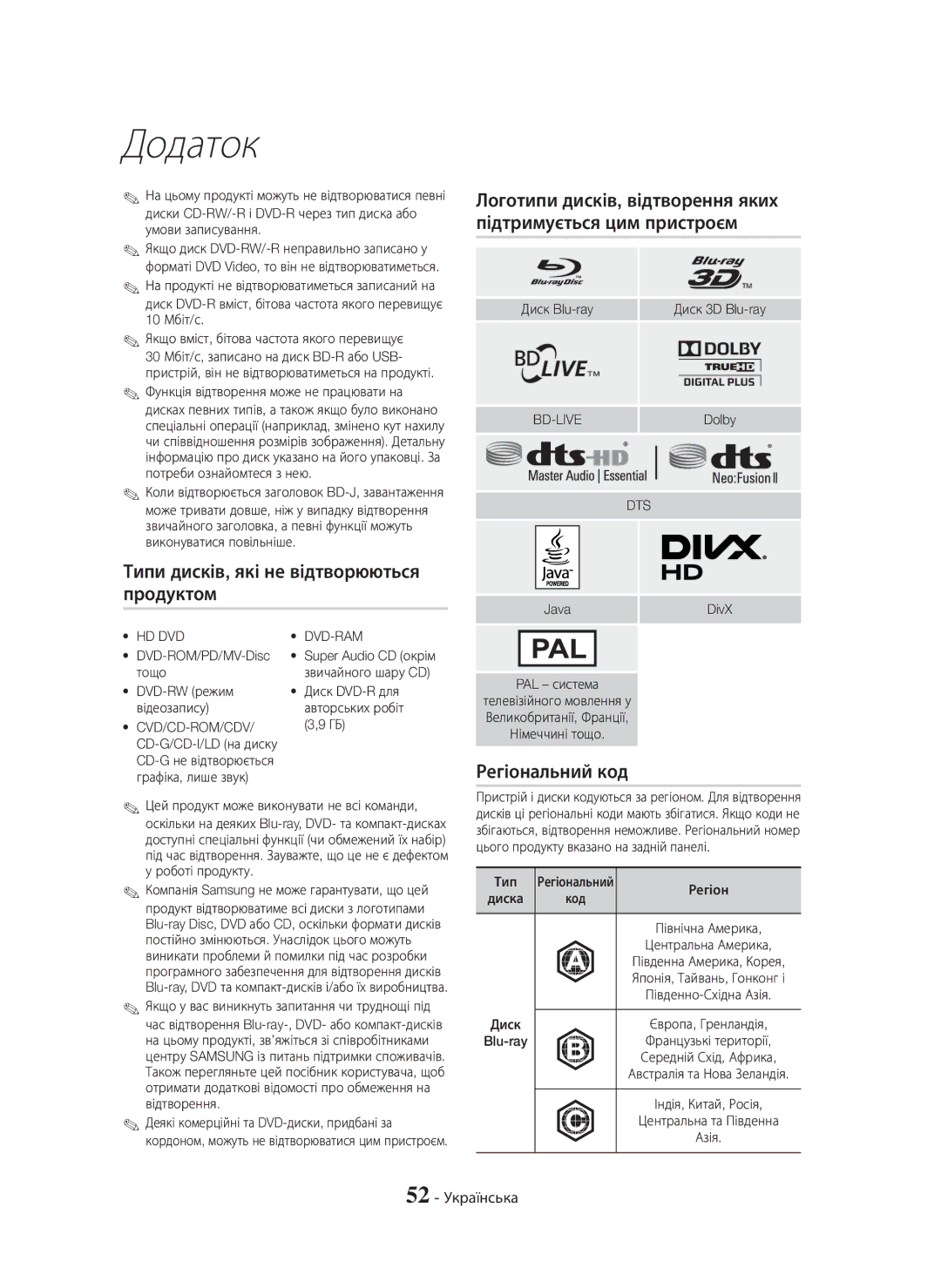 Samsung HT-H7750WM/RU manual Регіональний код, 52 Українська, Hd Dvd 