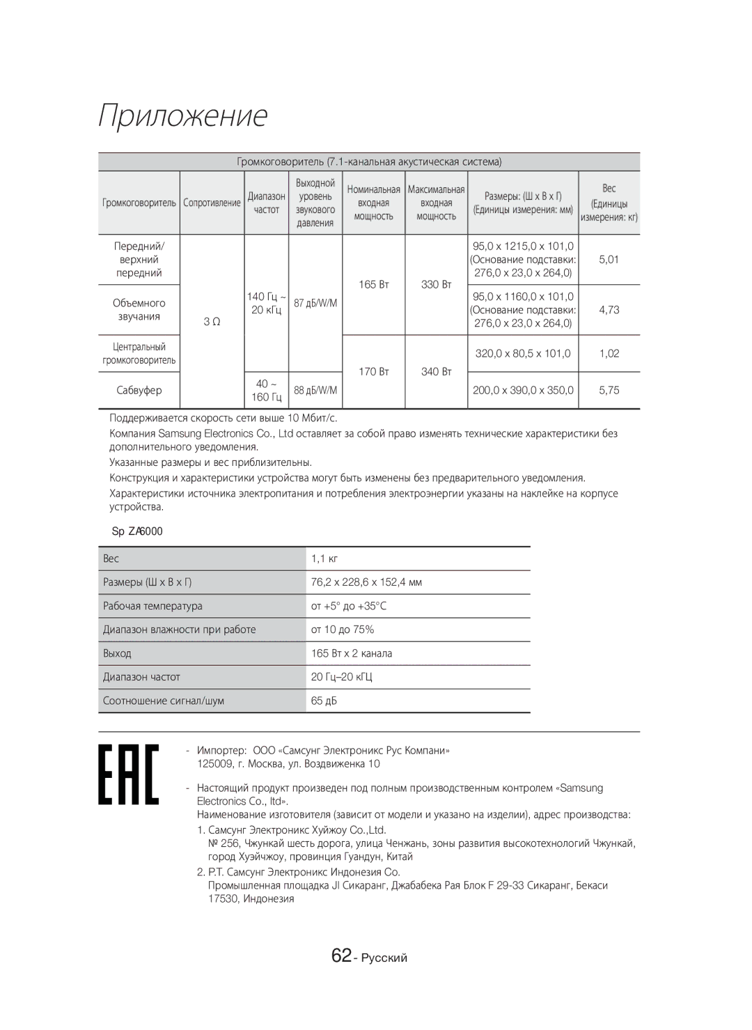 Samsung HT-H7750WM/RU manual Громкоговоритель 7.1-канальная акустическая система, Вес, 40 ~ 