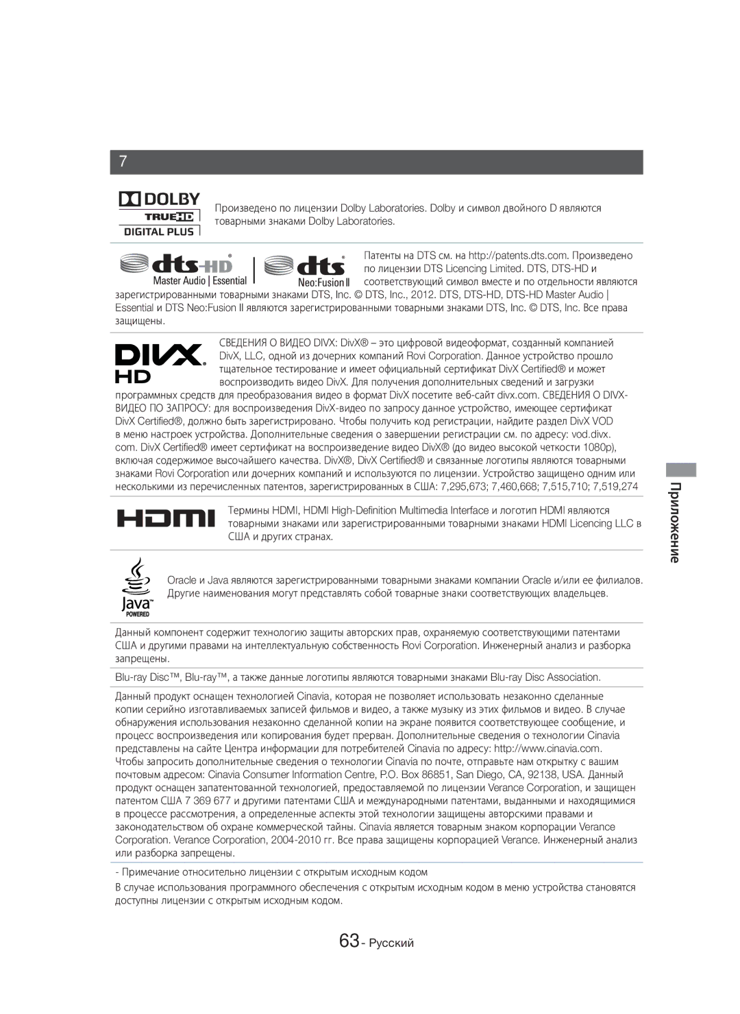 Samsung HT-H7750WM/RU manual Лицензии 