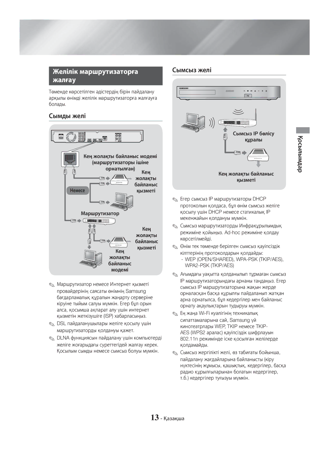 Samsung HT-H7750WM/RU manual Желілік маршрутизаторға, Жалғау, Сымды желі, WPA2-PSK TKIP/AES 