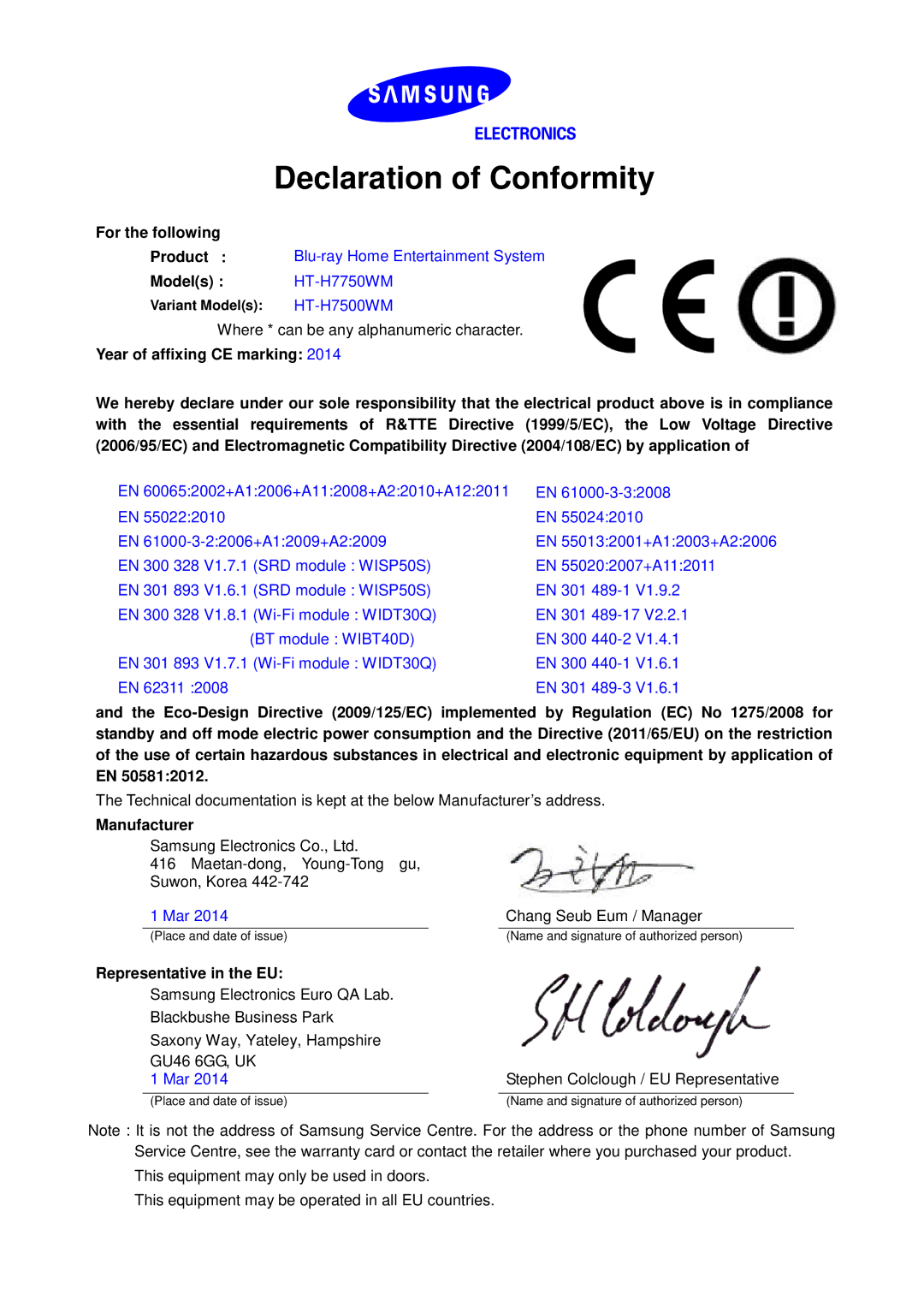 Samsung HT-H7750WM/EN, HT-H7750WM/TK manual Declaration of Conformity, For the following, Models HT-H7750WM, Manufacturer 