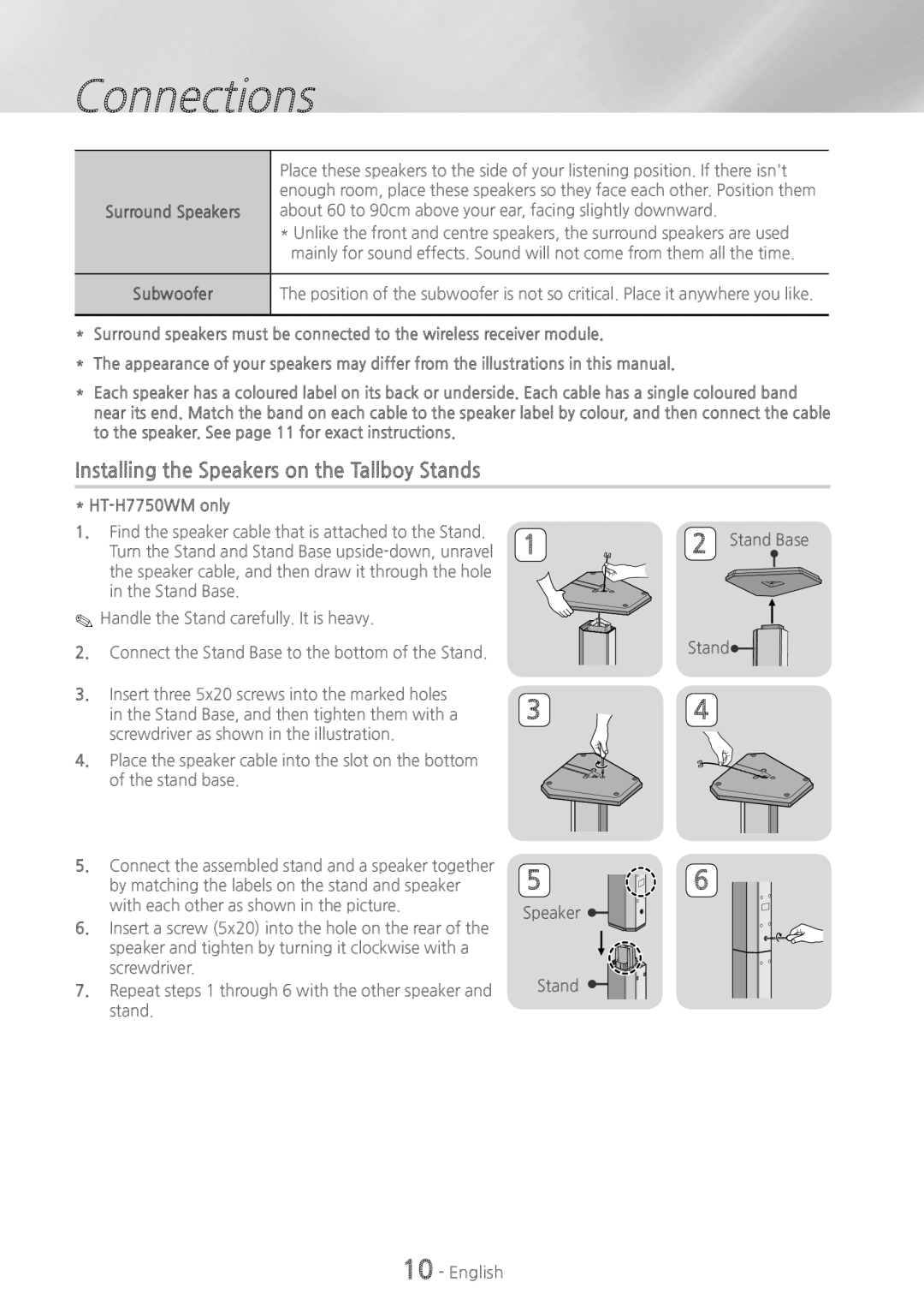 Samsung HT-H7750WM/EN manual Installing the Speakers on the Tallboy Stands, Surround Speakers Subwoofer, HT-H7750WM only 