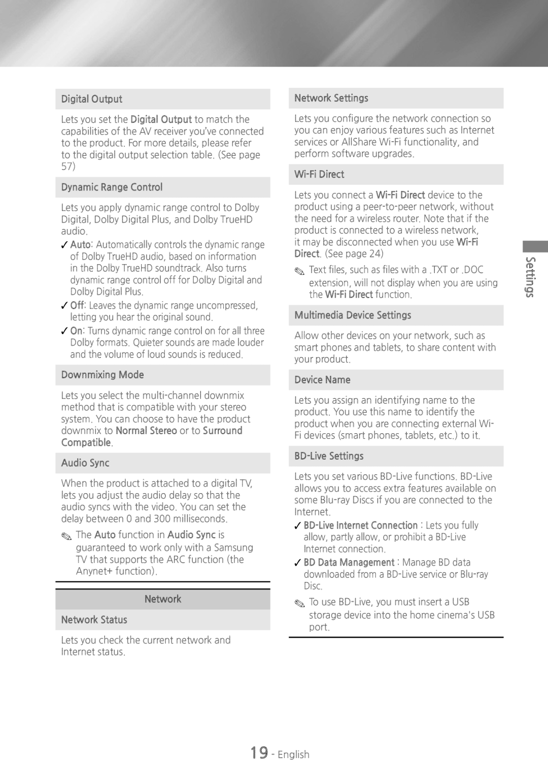 Samsung HT-H7750WM/EN manual Digital Output, Dynamic Range Control, Network Network Status, Network Settings, Wi-Fi Direct 