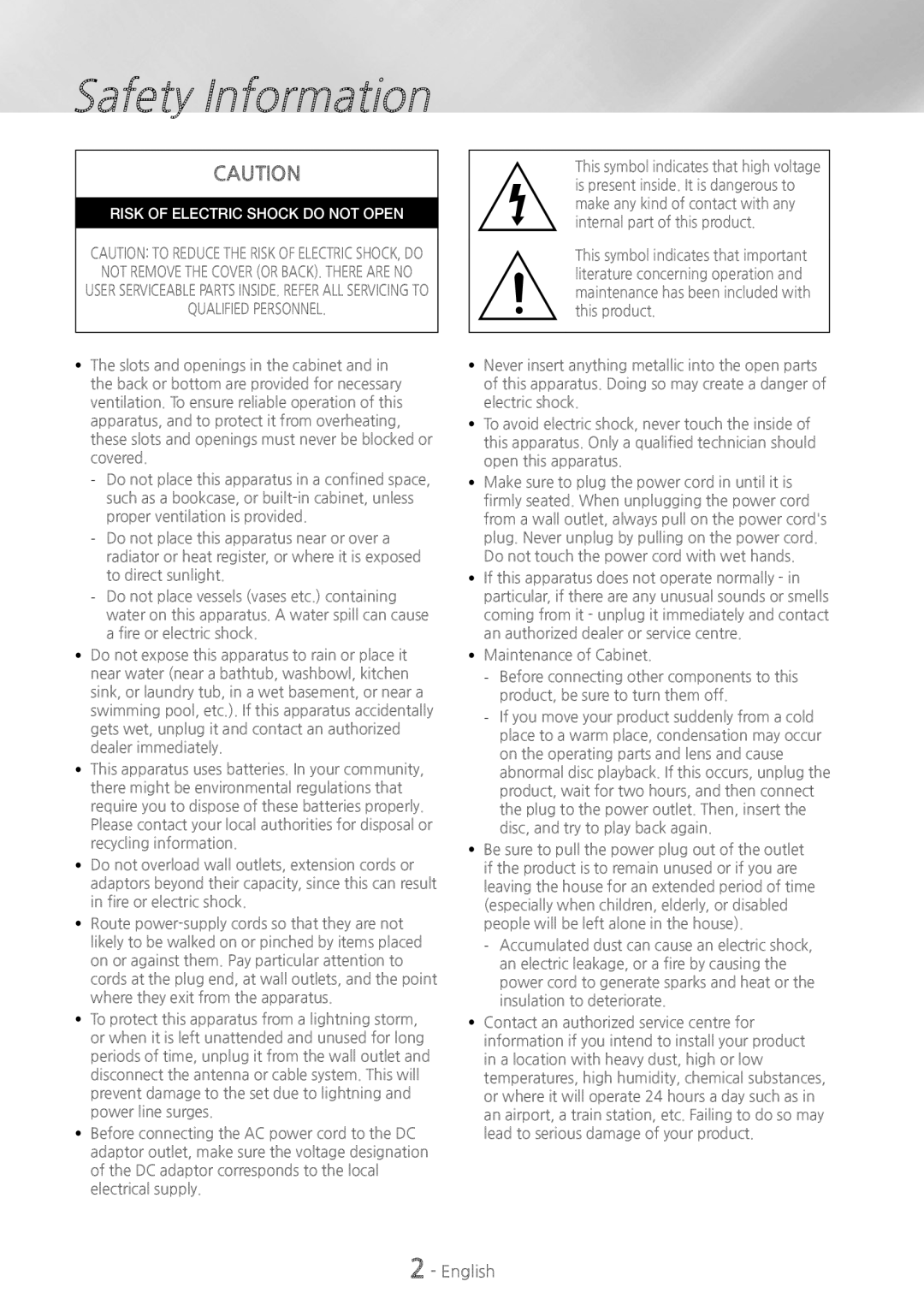 Samsung HT-H7500WM/EN, HT-H7750WM/TK, HT-H7750WM/EN, HT-H7750WM/ZF, HT-H7500WM/ZF, HT-H7750WM/XN Safety Information, English 