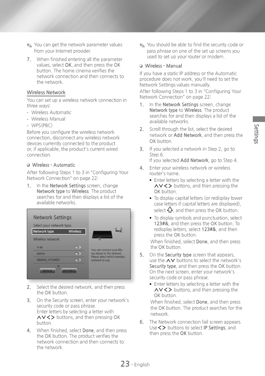 Samsung HT-H7750WM/XN manual Wireless Network, Settings Network Settings, ĞĞ Wireless Automatic, ĞĞ Wireless Manual 