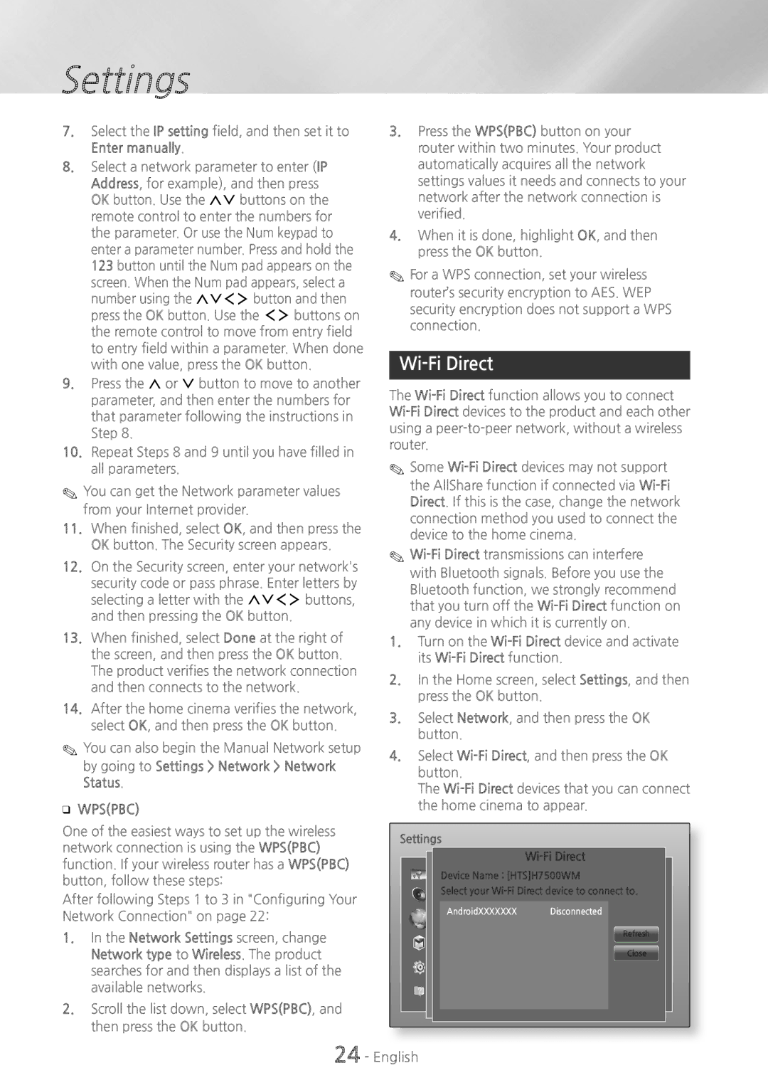 Samsung HT-H7500WM/XN, HT-H7750WM/TK, HT-H7750WM/EN You can also begin the Manual Network setup, Settings Wi-Fi Direct 