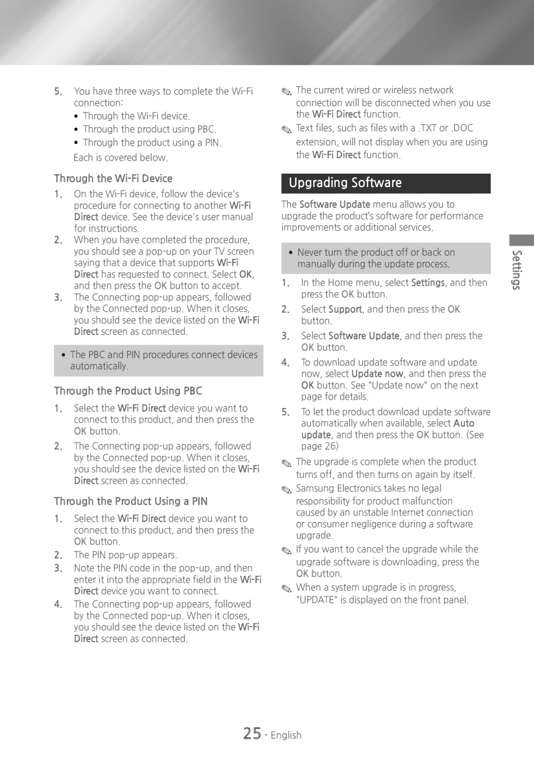 Samsung HT-H7500WM/XE, HT-H7750WM/TK manual Upgrading Software, Through the Wi-Fi Device, Through the Product Using PBC 