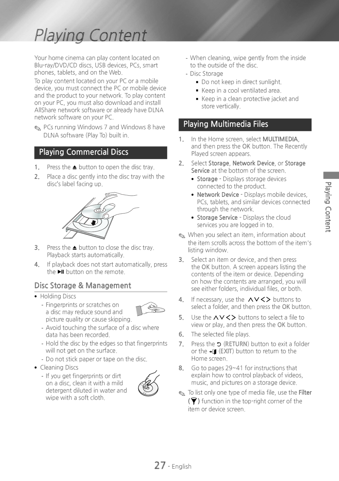 Samsung HT-H7750WM/TK manual Playing Content, Playing Commercial Discs, Disc Storage & Management, Playing Multimedia Files 