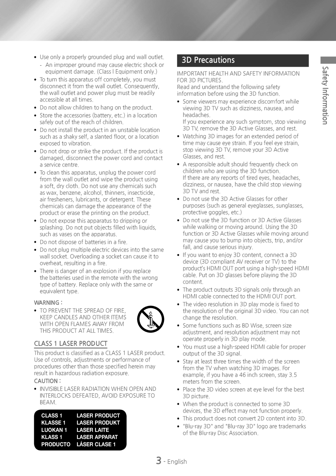 Samsung HT-H7750WM/ZF, HT-H7750WM/TK, HT-H7750WM/EN, HT-H7500WM/EN 3D Precautions, Class 1 Laser product, Safety Information 