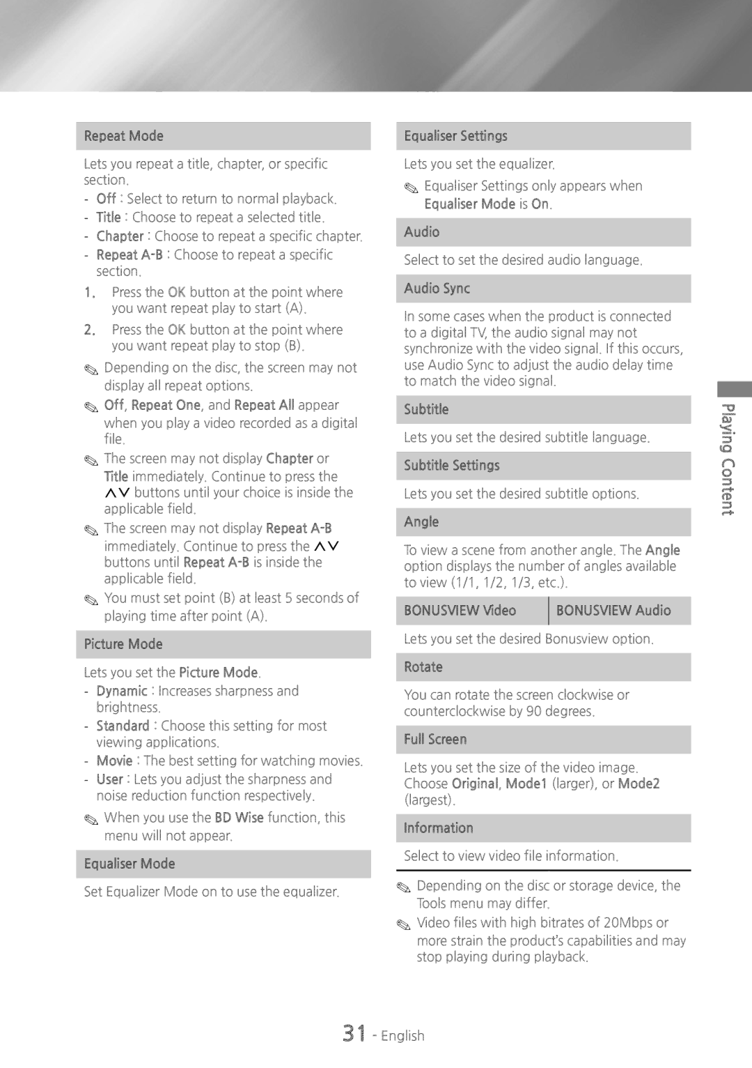 Samsung HT-H7500WM/ZF manual Repeat Mode, Picture Mode, Equaliser Settings, Equaliser Mode is On Audio, Subtitle, Angle 