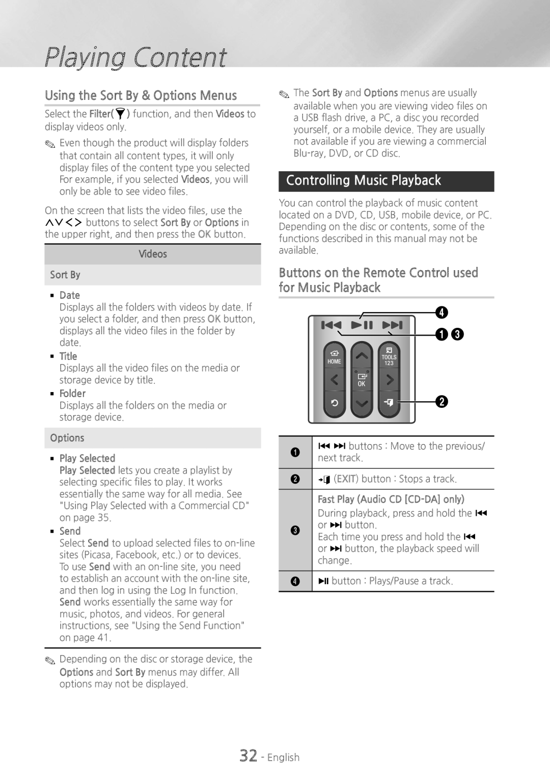 Samsung HT-H7750WM/XN, HT-H7750WM/TK, HT-H7750WM/EN manual Using the Sort By & Options Menus, Controlling Music Playback 