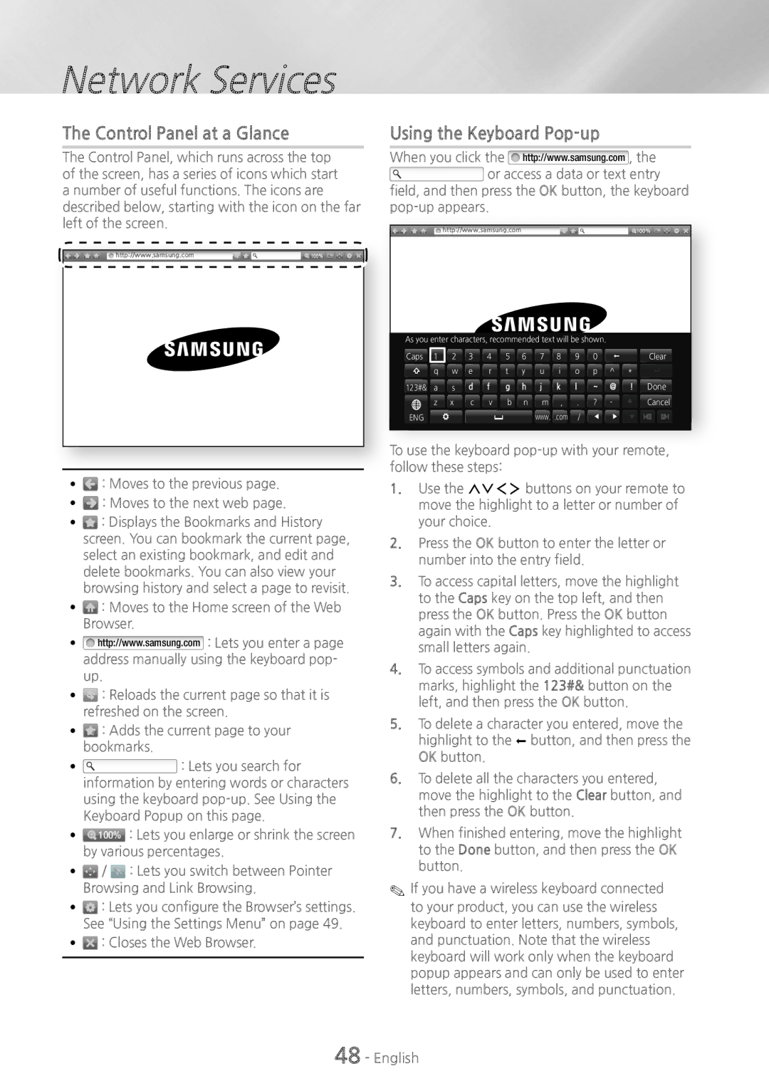 Samsung HT-H7750WM/ZF, HT-H7750WM/TK manual Control Panel at a Glance, Using the Keyboard Pop-up, ~~ Closes the Web Browser 