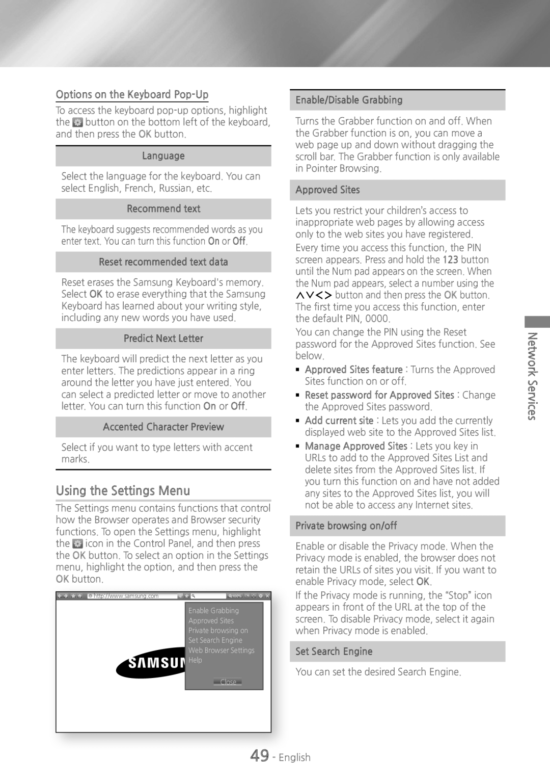 Samsung HT-H7500WM/ZF, HT-H7750WM/TK, HT-H7750WM/EN, HT-H7500WM/EN Using the Settings Menu, Options on the Keyboard Pop-Up 