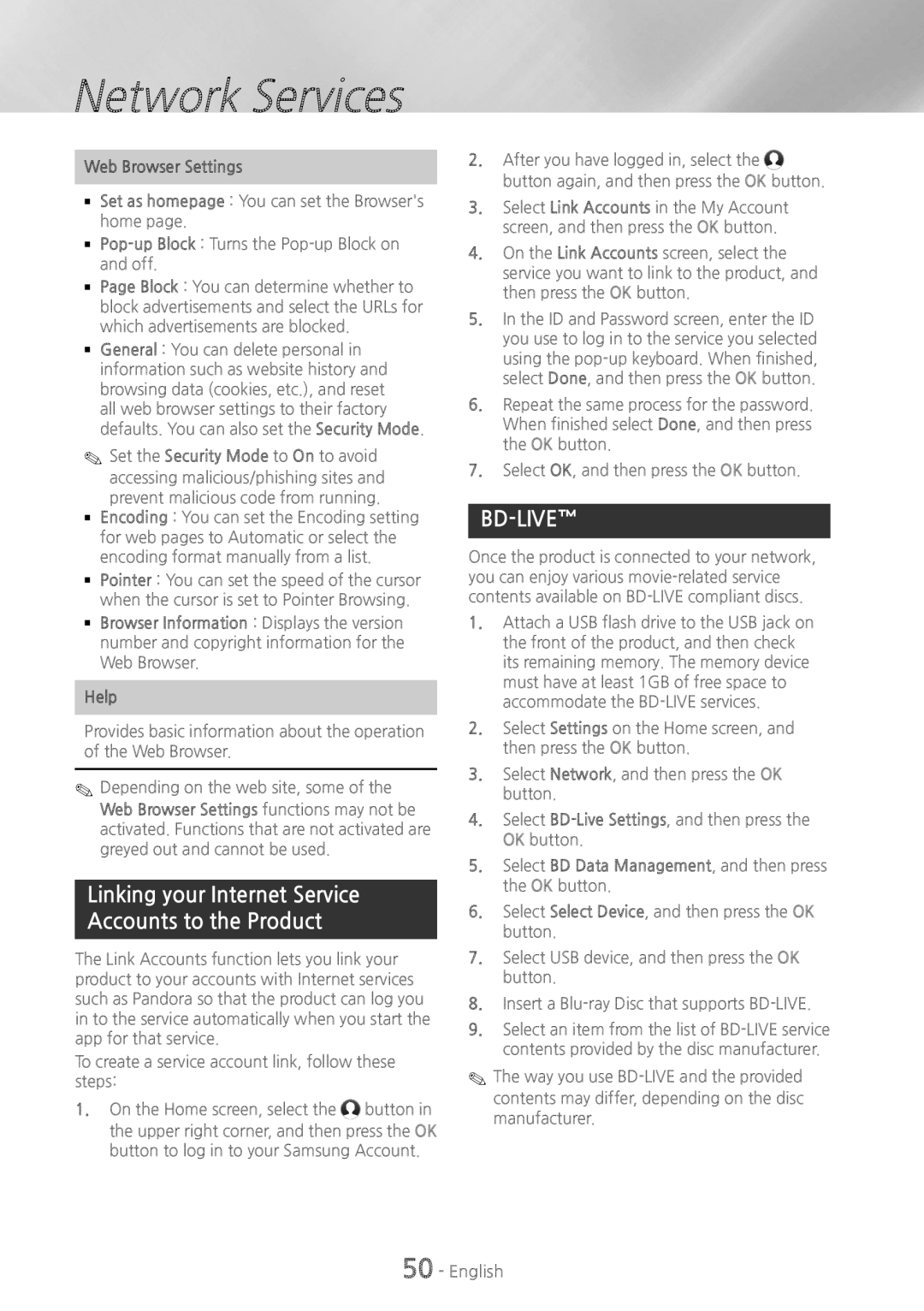 Samsung HT-H7750WM/XN, HT-H7750WM/TK manual Linking your Internet Service Accounts to the Product, Web Browser Settings 