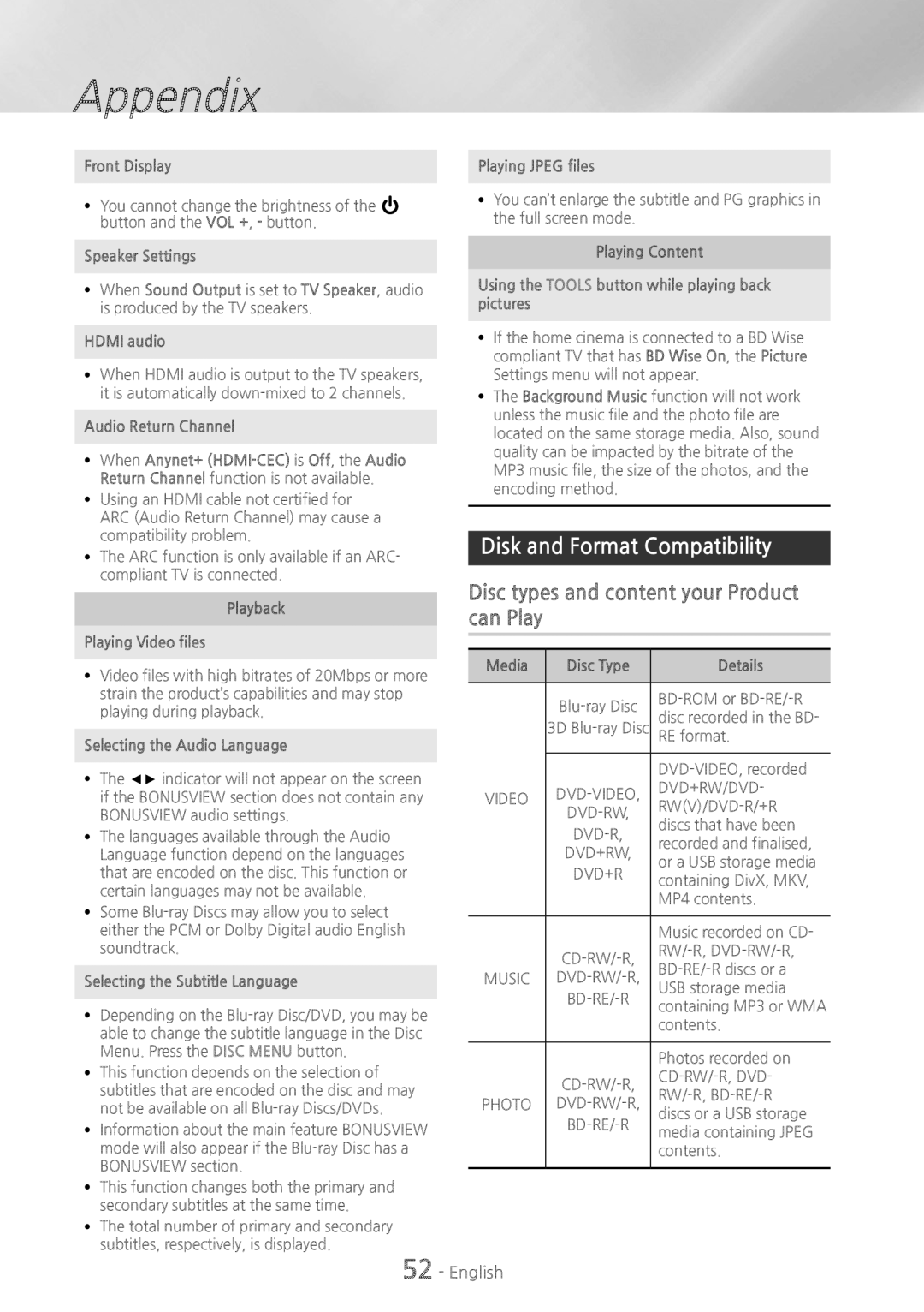 Samsung HT-H7500WM/XE, HT-H7750WM/TK manual Disk and Format Compatibility, Disc types and content your Product can Play 