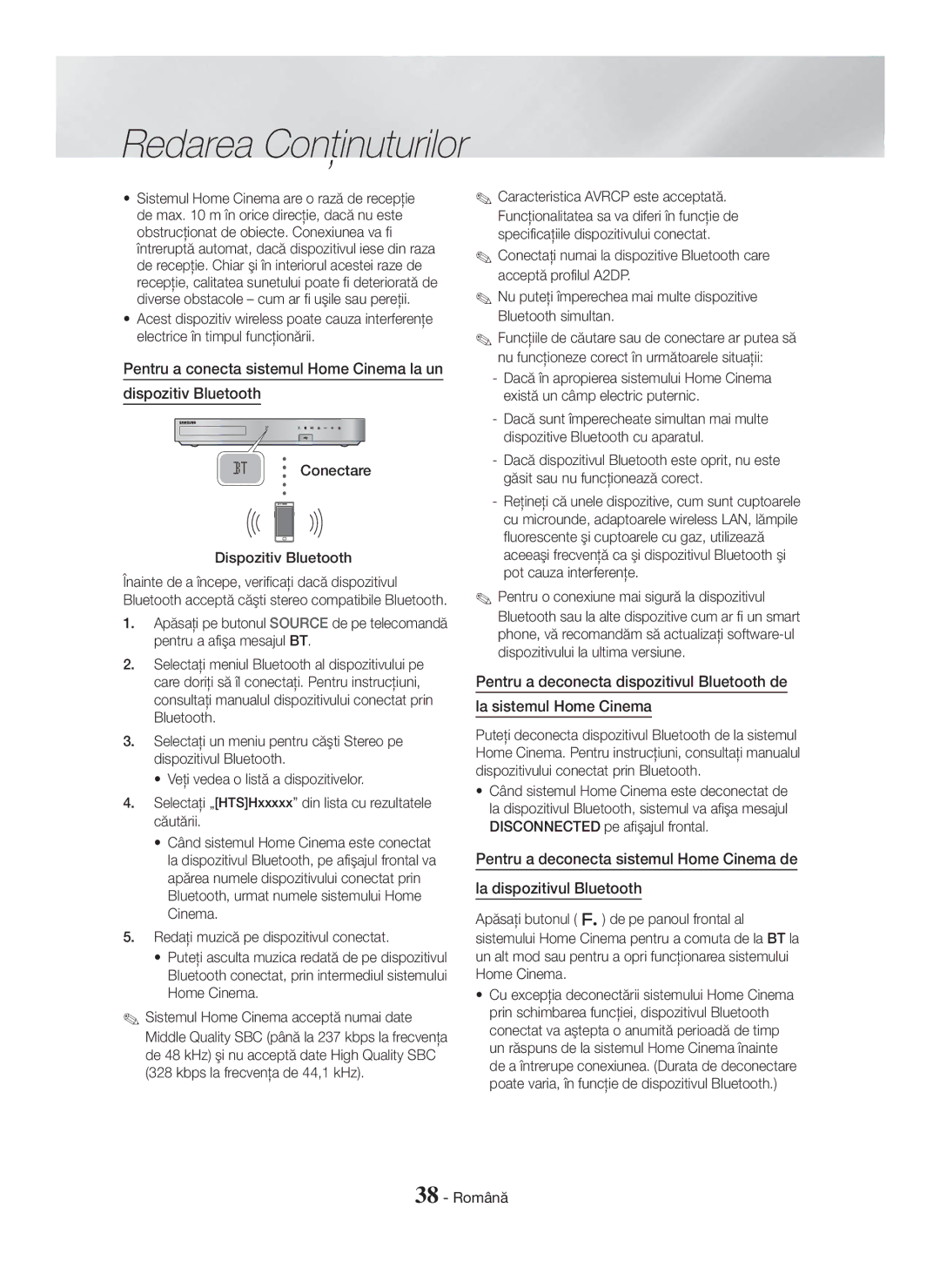 Samsung HT-H7750WM/ZF, HT-H7750WM/TK, HT-H7750WM/EN, HT-H7500WM/EN manual Conectare Dispozitiv Bluetooth 