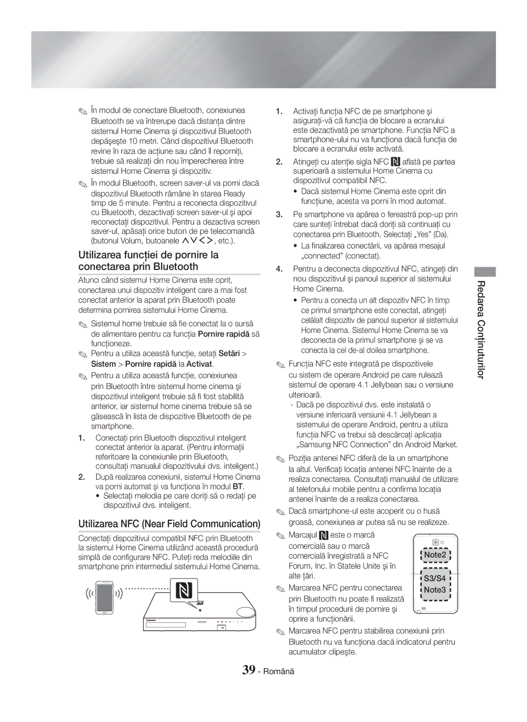 Samsung HT-H7750WM/TK Utilizarea funcţiei de pornire la conectarea prin Bluetooth, Utilizarea NFC Near Field Communication 