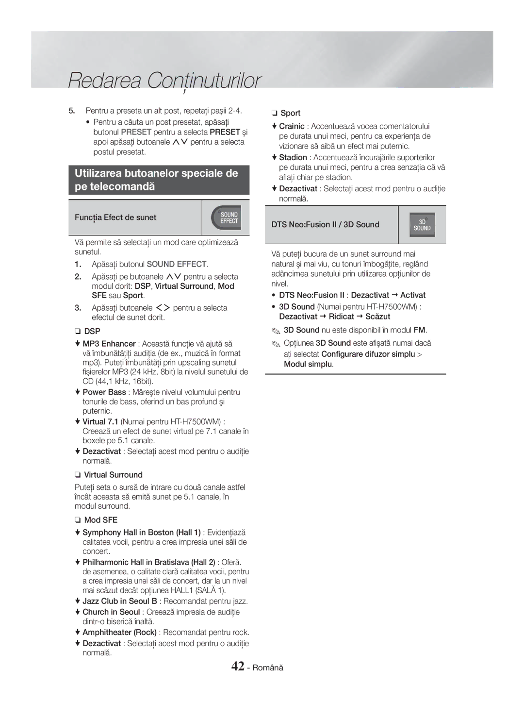 Samsung HT-H7750WM/ZF, HT-H7750WM/TK, HT-H7750WM/EN, HT-H7500WM/EN Utilizarea butoanelor speciale de Pe telecomandă, Dsp 