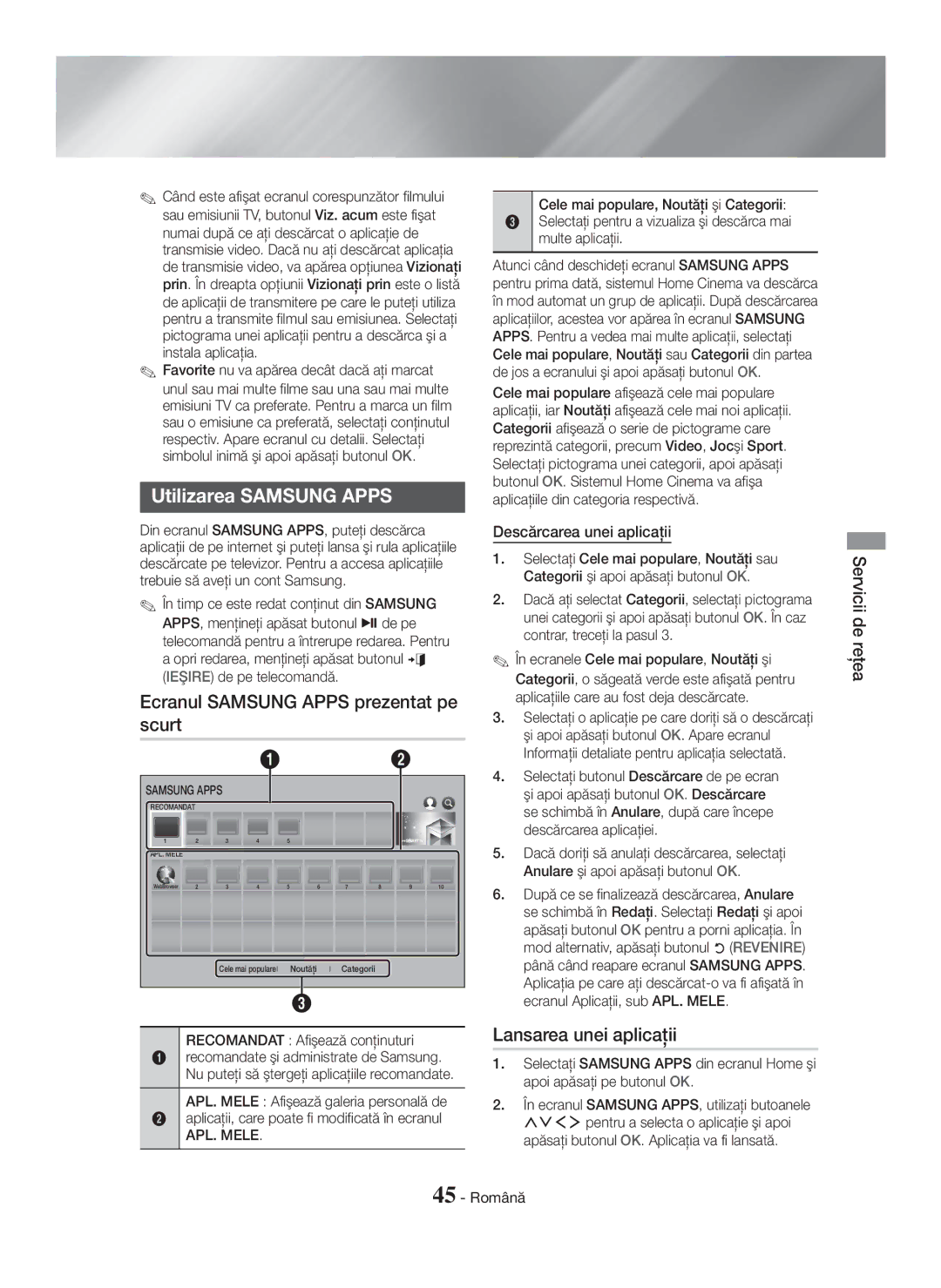 Samsung HT-H7500WM/EN manual Utilizarea Samsung Apps, Ecranul Samsung Apps prezentat pe scurt, Lansarea unei aplicaţii 