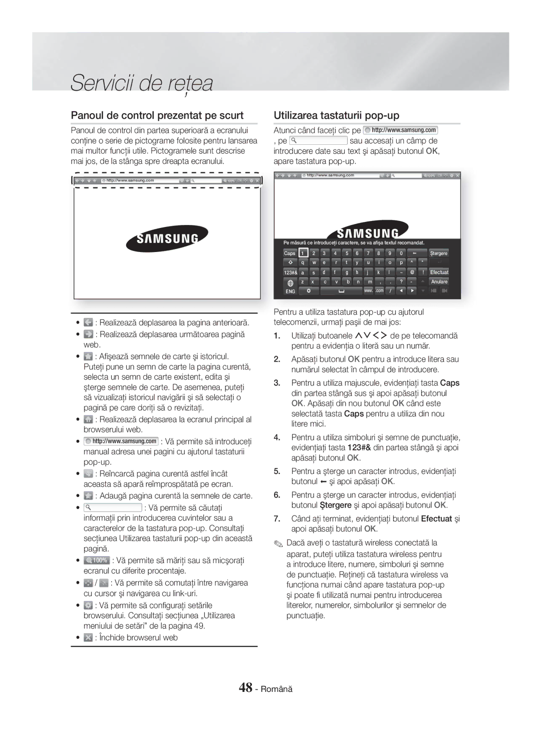 Samsung HT-H7750WM/EN manual Panoul de control prezentat pe scurt, Utilizarea tastaturii pop-up, Închide browserul web 