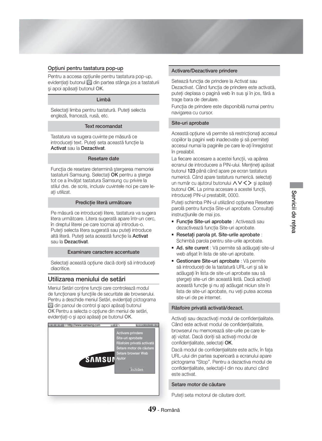 Samsung HT-H7500WM/EN, HT-H7750WM/TK, HT-H7750WM/EN manual Utilizarea meniului de setări, Opţiuni pentru tastatura pop-up 