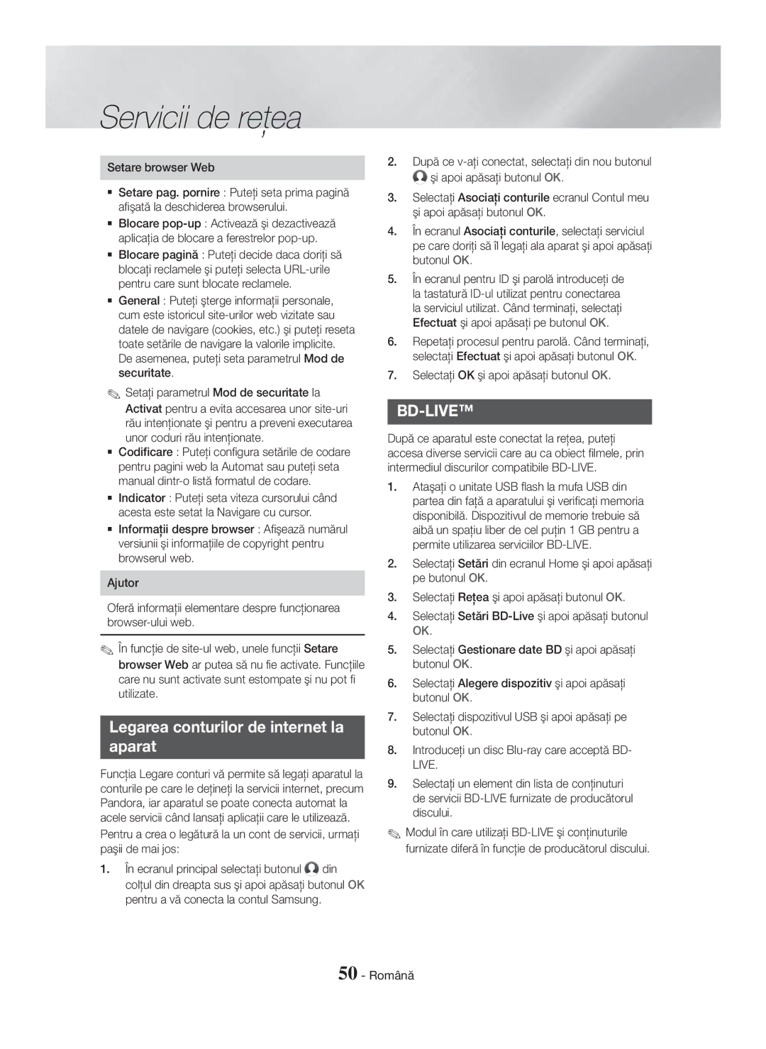 Samsung HT-H7750WM/ZF, HT-H7750WM/TK, HT-H7750WM/EN manual Legarea conturilor de internet la Aparat, Setare browser Web 