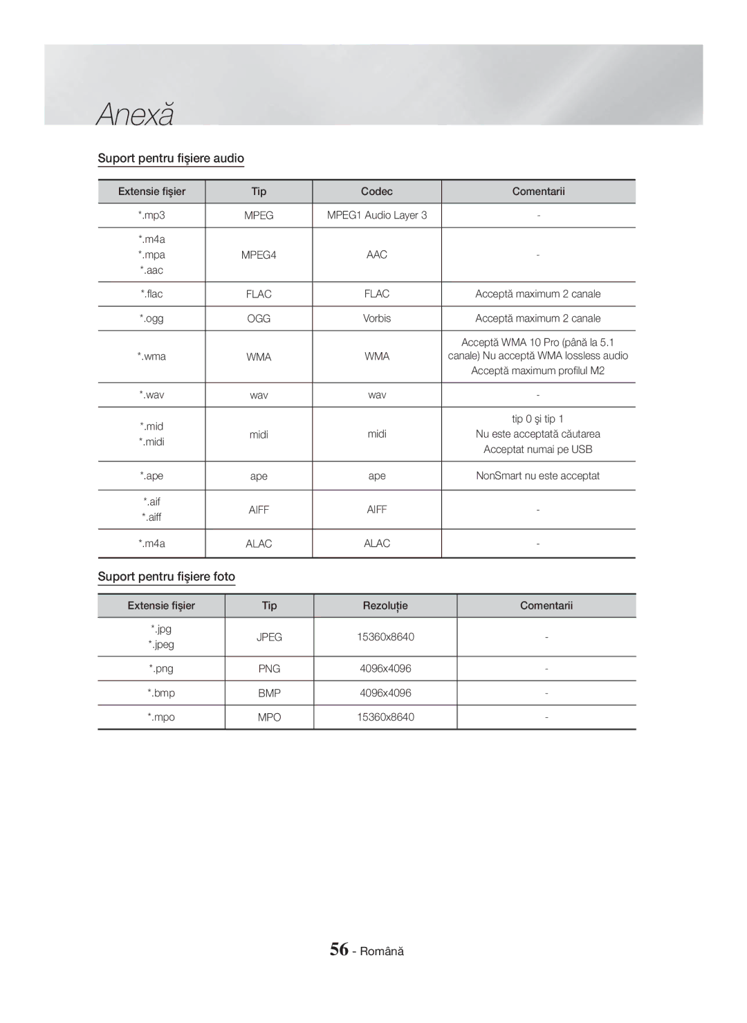 Samsung HT-H7750WM/EN, HT-H7750WM/TK, HT-H7500WM/EN manual Suport pentru fişiere audio, Suport pentru fişiere foto, Tip Codec 