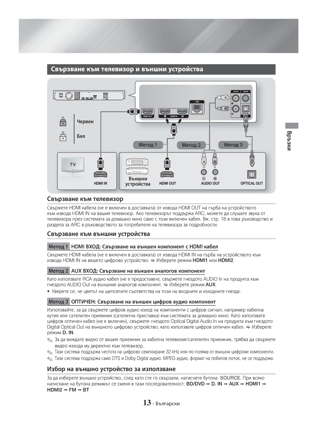 Samsung HT-H7750WM/ZF, HT-H7750WM/TK manual Свързване към телевизор и външни устройства, Свързване към външни устройства 