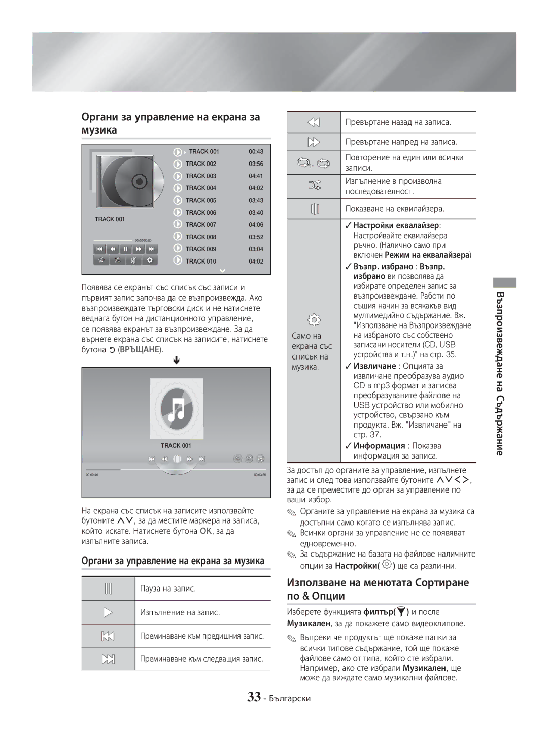 Samsung HT-H7750WM/ZF, HT-H7750WM/TK, HT-H7750WM/EN, HT-H7500WM/EN manual Органи за управление на екрана за музика 