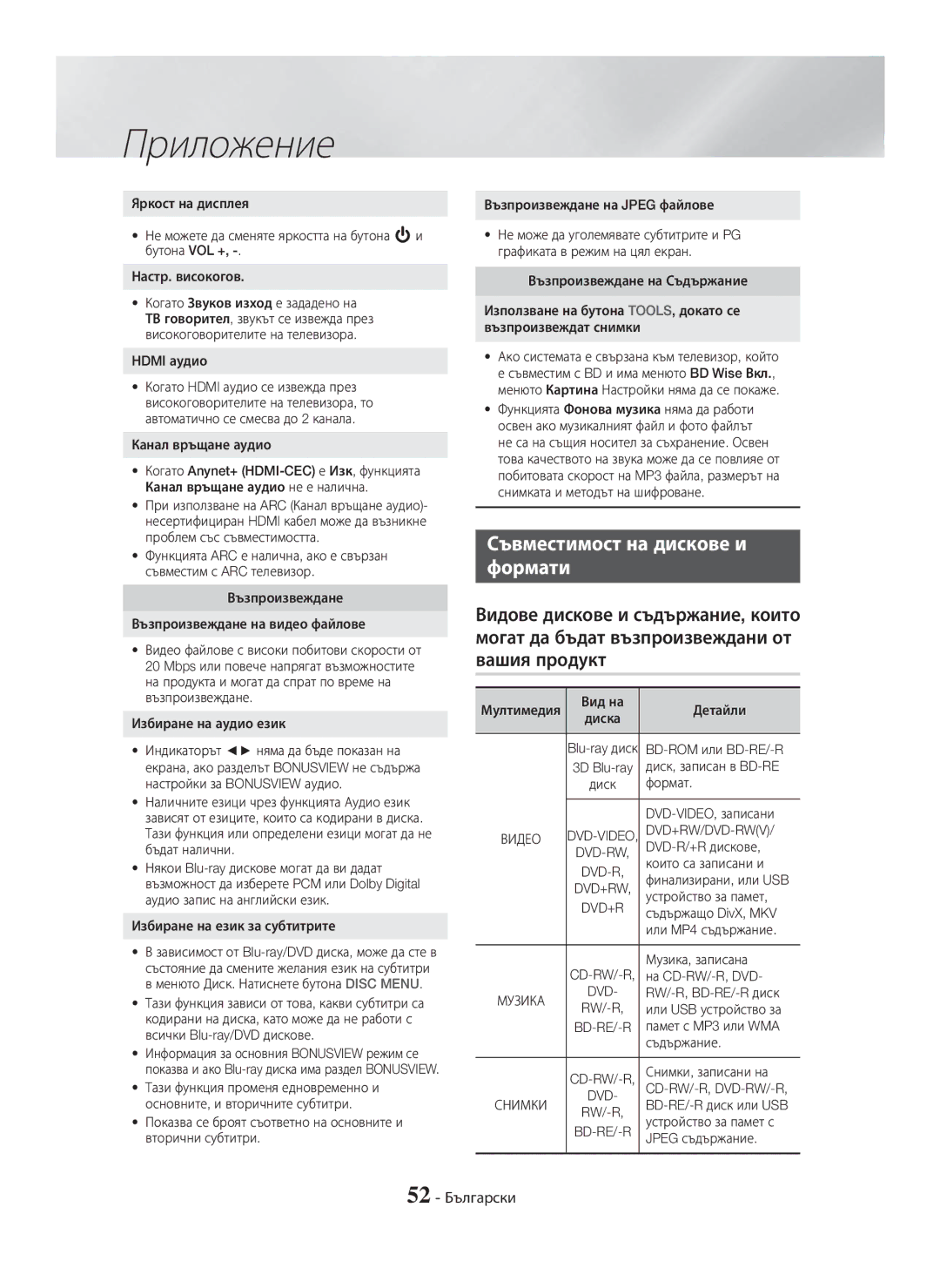 Samsung HT-H7500WM/EN, HT-H7750WM/TK, HT-H7750WM/EN, HT-H7750WM/ZF Съвместимост на дискове и Формати, 52 Български, Dvd+R 