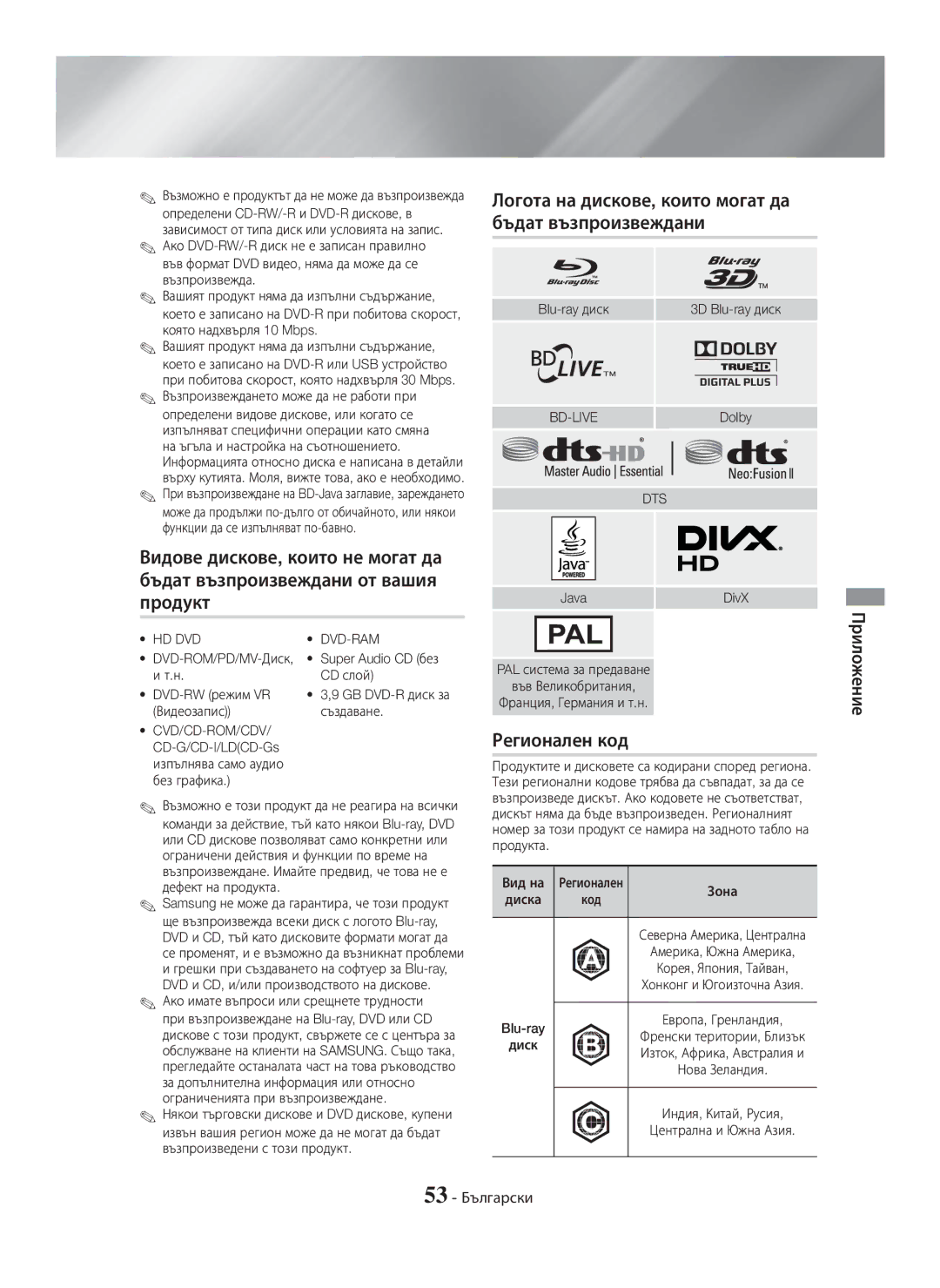 Samsung HT-H7750WM/ZF manual Логота на дискове, които могат да, Бъдат възпроизвеждани, Регионален код, 53 Български 