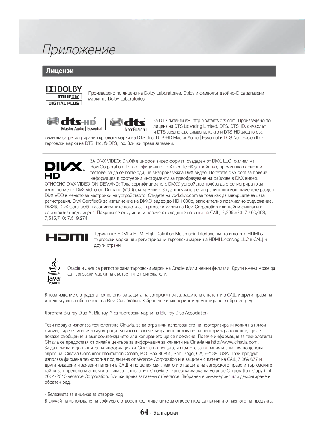 Samsung HT-H7500WM/EN, HT-H7750WM/TK, HT-H7750WM/EN, HT-H7750WM/ZF manual Лицензи, 64 Български 