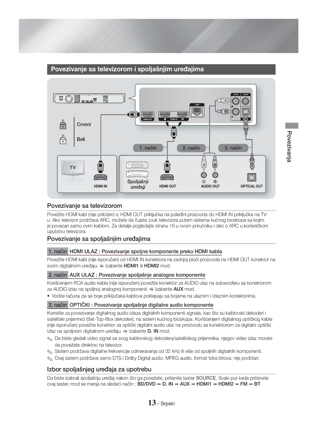 Samsung HT-H7750WM/TK manual Povezivanje sa televizorom i spoljašnjim uređajima, Povezivanje sa spoljašnjim uređajima 