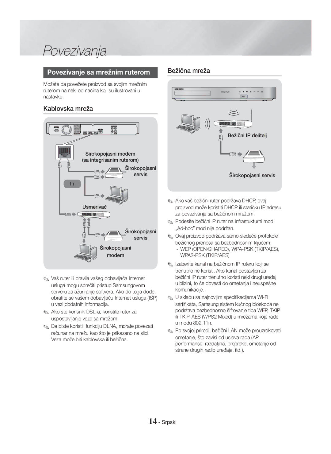 Samsung HT-H7750WM/EN manual Povezivanje sa mrežnim ruterom, Kablovska mreža, Bežični IP delitelj Širokopojasni servis 