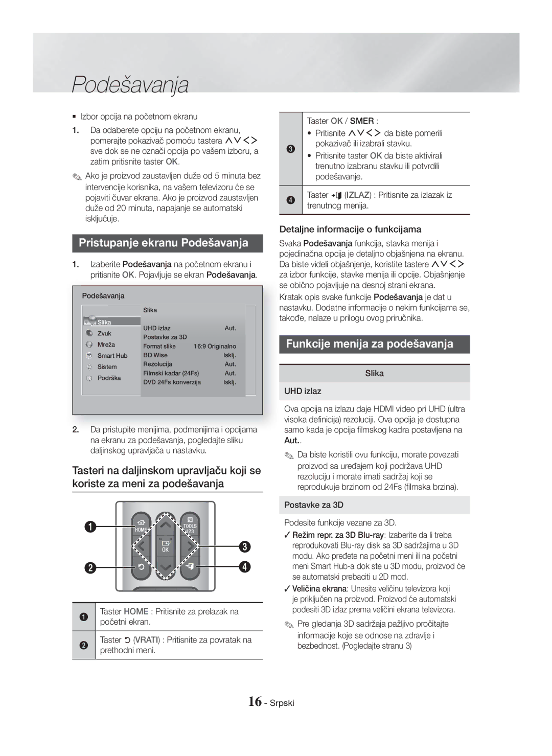 Samsung HT-H7750WM/ZF Pristupanje ekranu Podešavanja, Funkcije menija za podešavanja, Detaljne informacije o funkcijama 