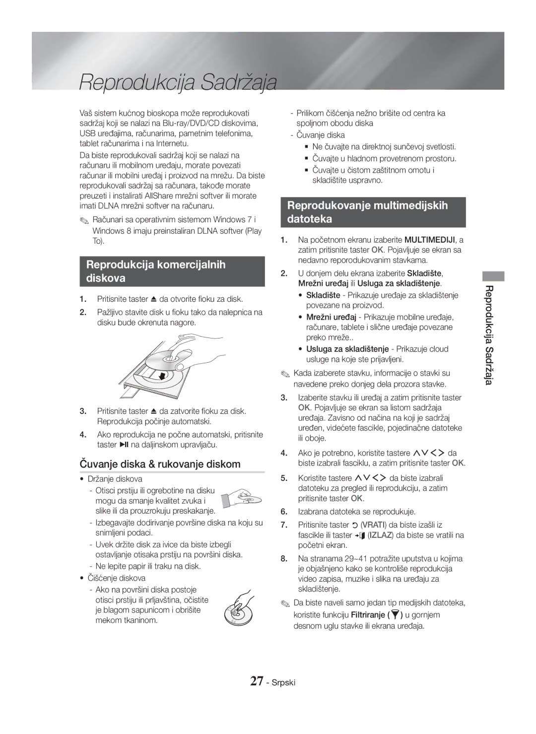 Samsung HT-H7500WM/EN manual Reprodukcija Sadržaja, Reprodukcija komercijalnih Diskova, Čuvanje diska & rukovanje diskom 