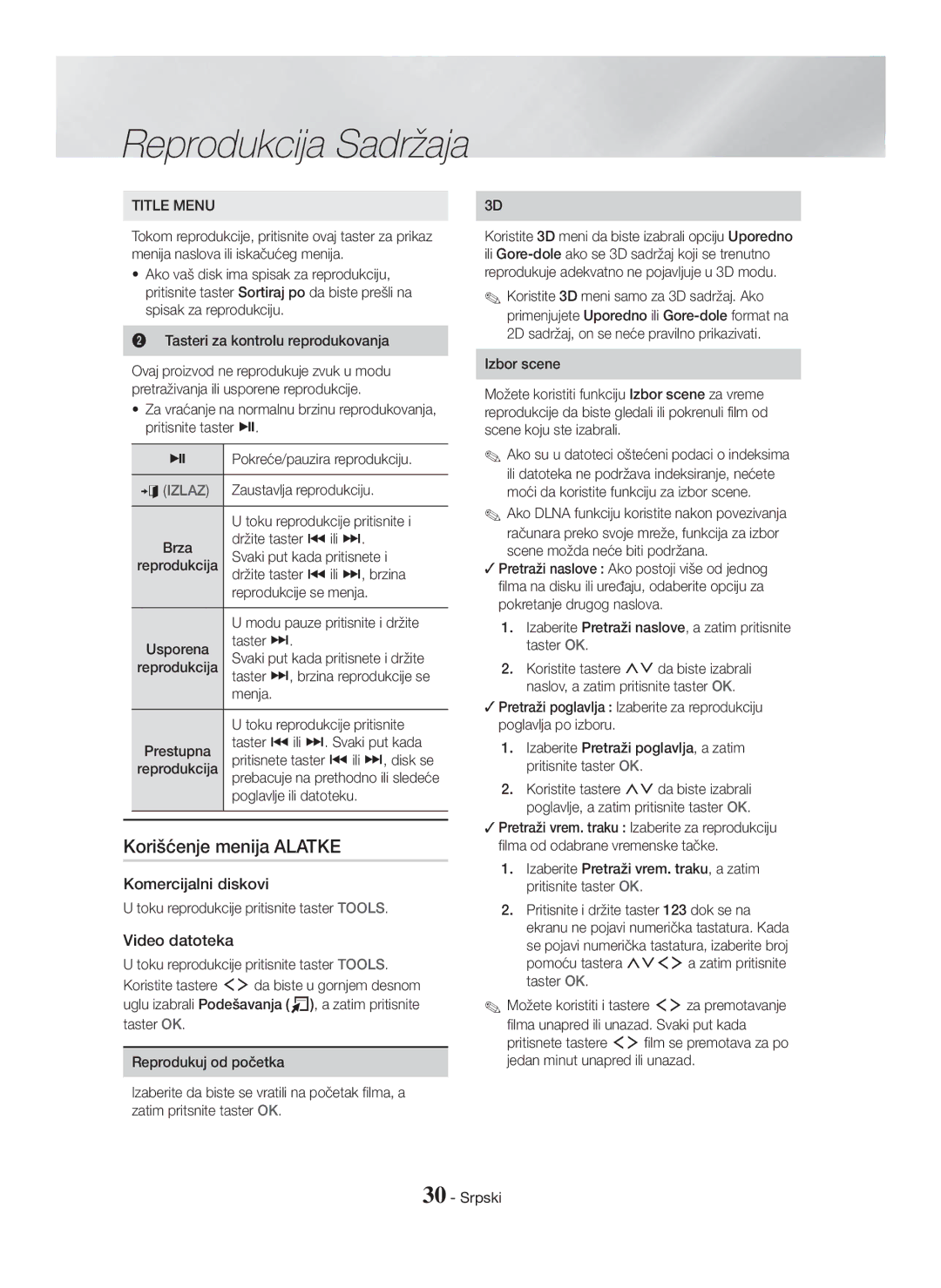 Samsung HT-H7750WM/EN, HT-H7750WM/TK, HT-H7500WM/EN manual Korišćenje menija Alatke, Komercijalni diskovi, Video datoteka 