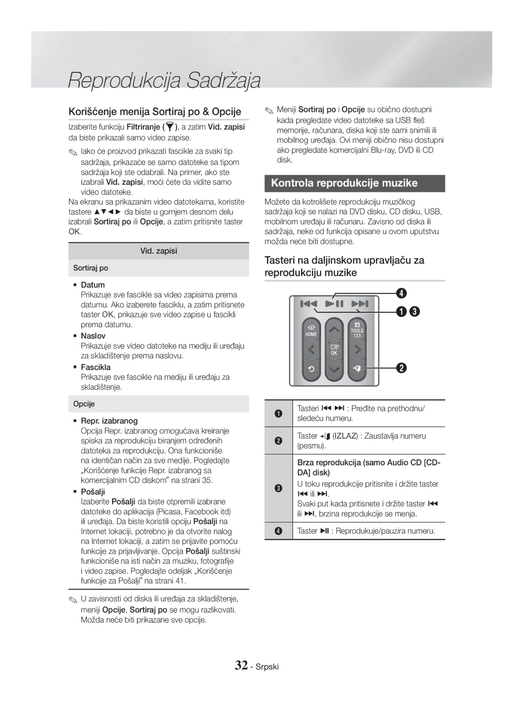 Samsung HT-H7750WM/ZF, HT-H7750WM/TK, HT-H7750WM/EN Korišćenje menija Sortiraj po & Opcije, Kontrola reprodukcije muzike 