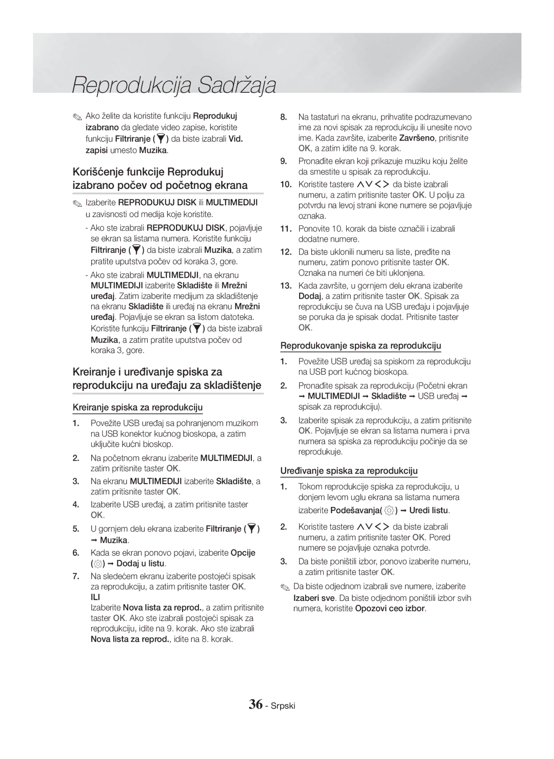 Samsung HT-H7750WM/ZF, HT-H7750WM/TK manual Kreiranje spiska za reprodukciju, Reprodukovanje spiska za reprodukciju, Ili 