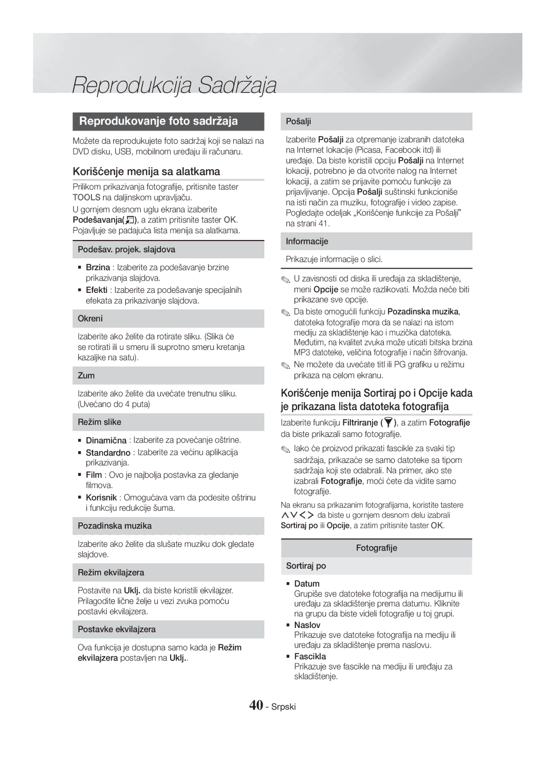 Samsung HT-H7750WM/ZF manual Reprodukovanje foto sadržaja, Korišćenje menija sa alatkama, Fotografije Sortiraj po  Datum 