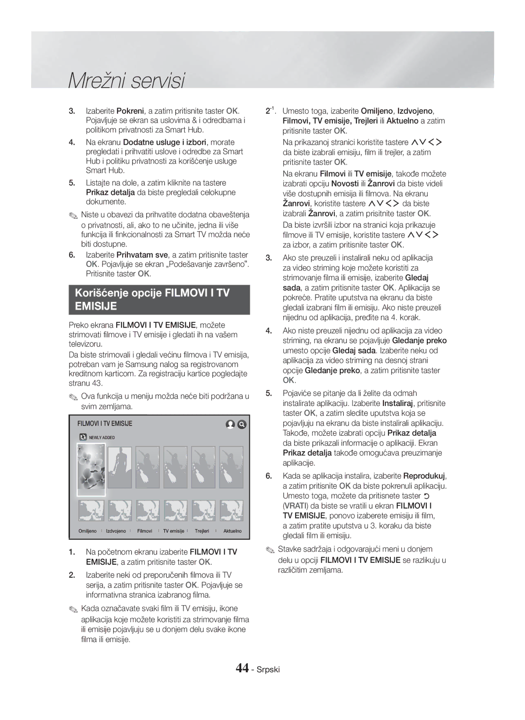 Samsung HT-H7750WM/ZF, HT-H7750WM/TK, HT-H7750WM/EN, HT-H7500WM/EN manual Korišćenje opcije Filmovi I TV, Filmovi I TV Emisije 