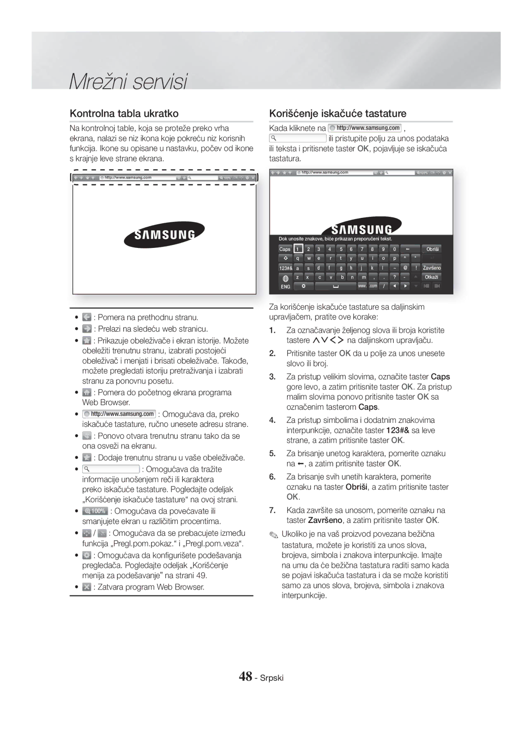 Samsung HT-H7750WM/ZF, HT-H7750WM/TK Kontrolna tabla ukratko, Korišćenje iskačuće tastature, Zatvara program Web Browser 