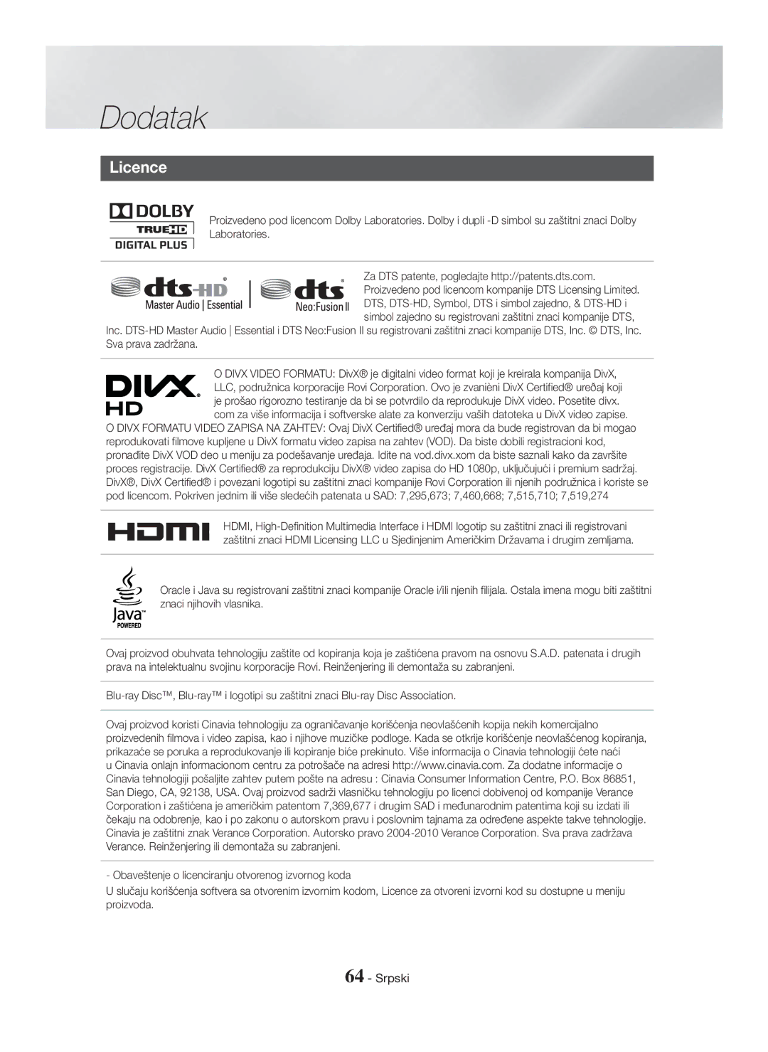 Samsung HT-H7750WM/ZF, HT-H7750WM/TK, HT-H7750WM/EN, HT-H7500WM/EN manual Licence 