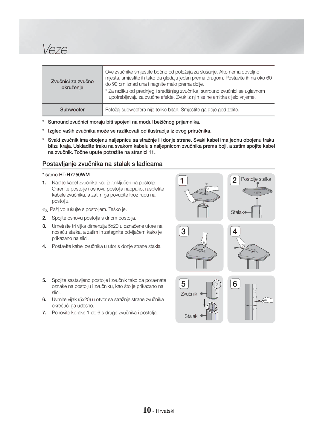 Samsung HT-H7500WM/EN, HT-H7750WM/TK Postavljanje zvučnika na stalak s ladicama, Zvučnici za zvučno Okruženje Subwoofer 