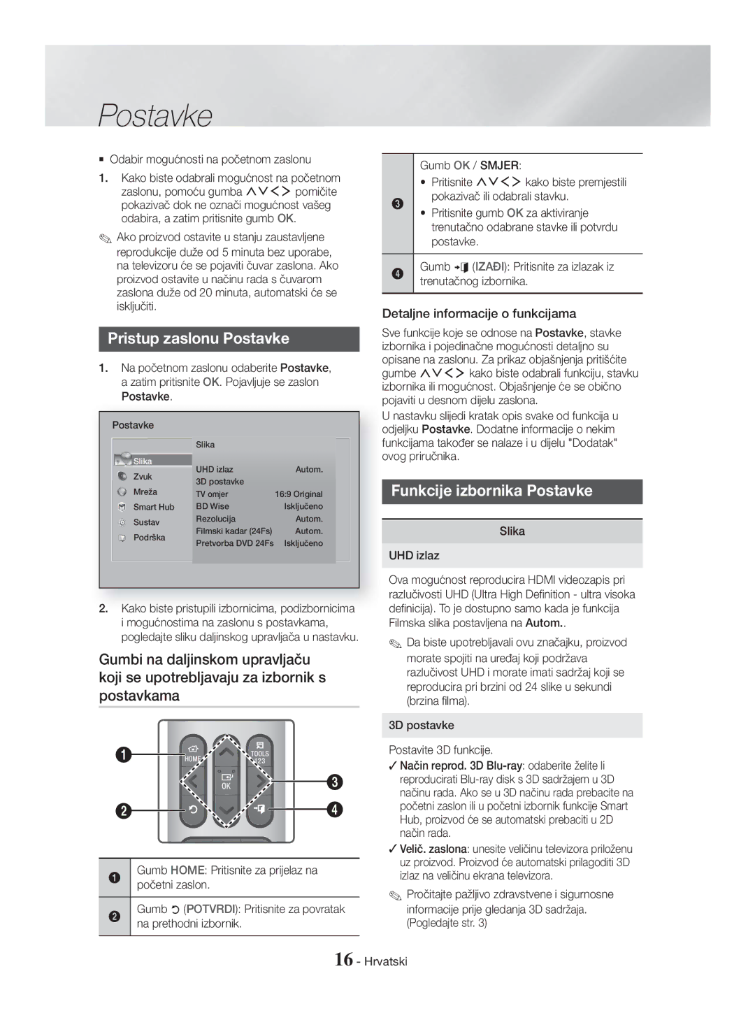 Samsung HT-H7750WM/TK manual Pristup zaslonu Postavke, Funkcije izbornika Postavke,  Odabir mogućnosti na početnom zaslonu 