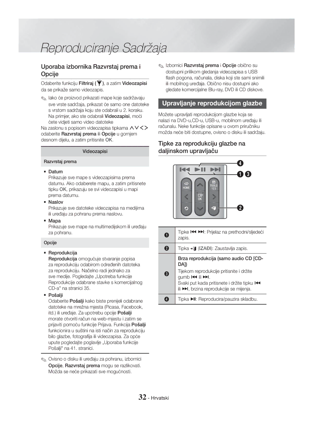 Samsung HT-H7750WM/TK manual Uporaba izbornika Razvrstaj prema i Opcije, Upravljanje reprodukcijom glazbe,  Reprodukcija 